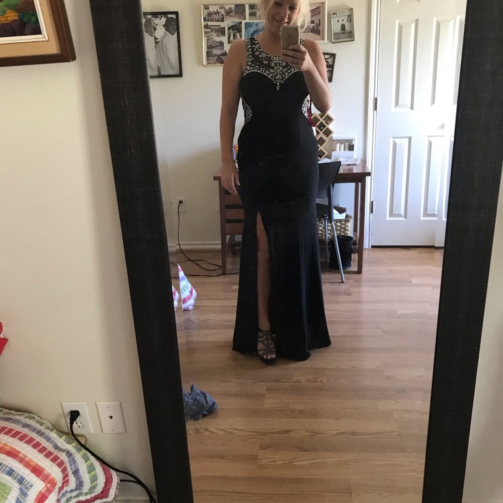 Black evening dress with bling and slit